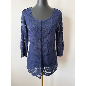 Kenar Womens M Navy Blue Floral Lace Mesh Top 3/4 Sleeve Scoop Neck Y2K Whimsy